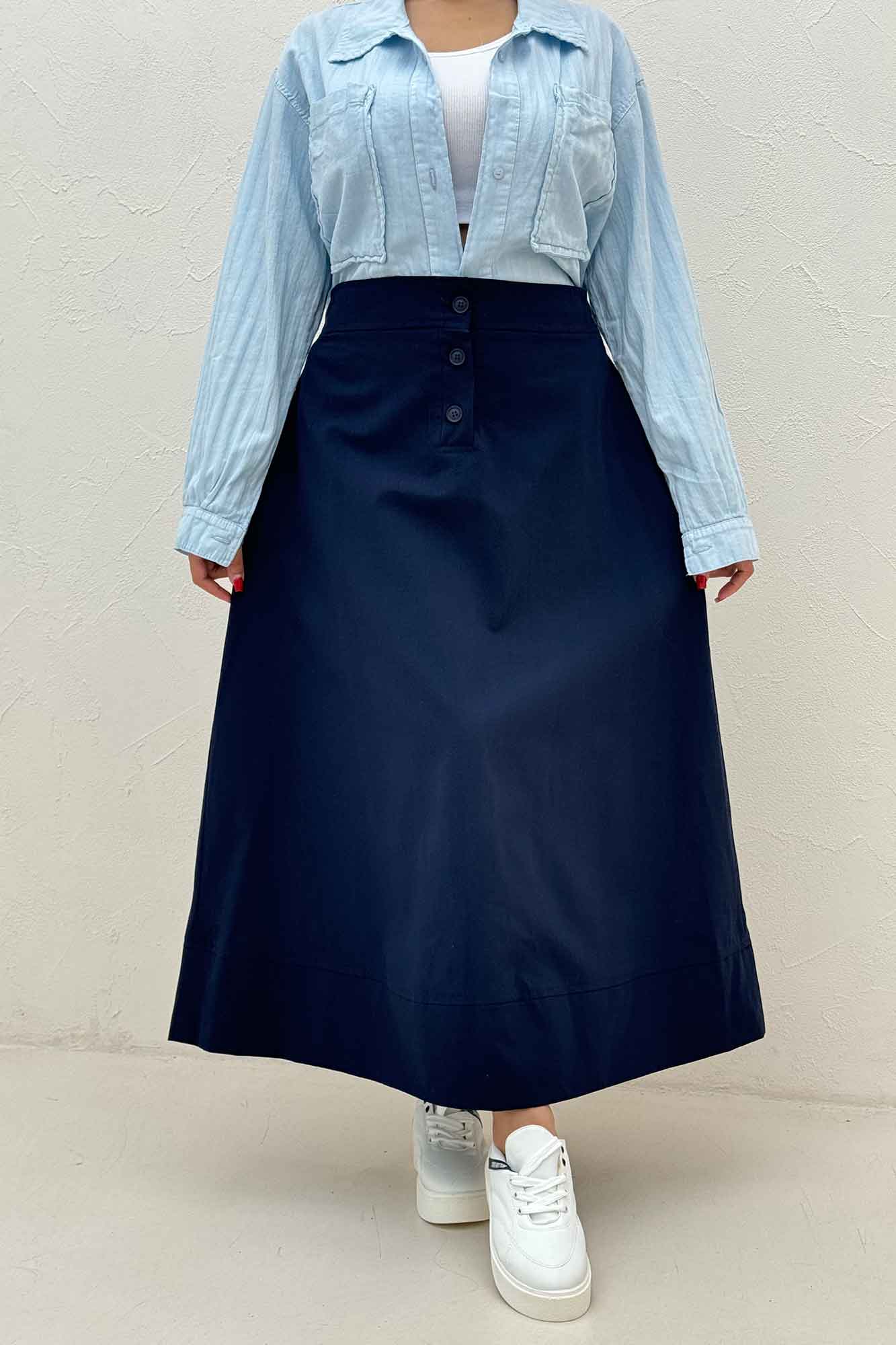 دامن بلند لینن سه دکمه لب دوز