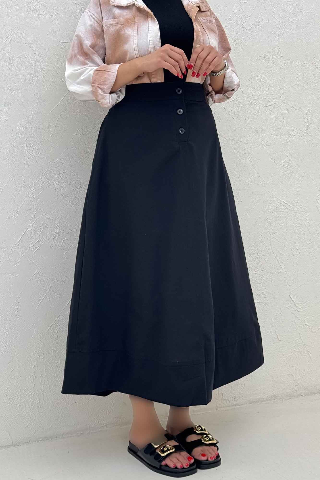 دامن بلند لینن سه دکمه لب دوز