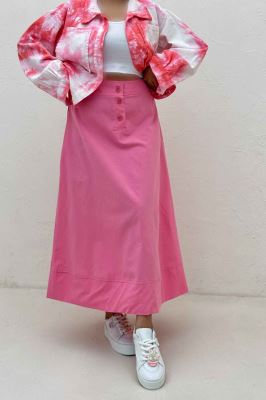 دامن بلند لینن سه دکمه لب دوز