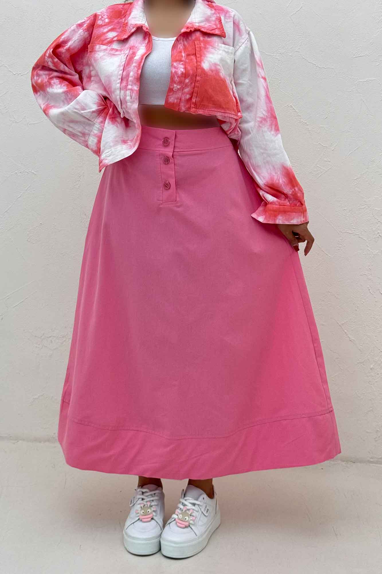 دامن بلند لینن سه دکمه لب دوز