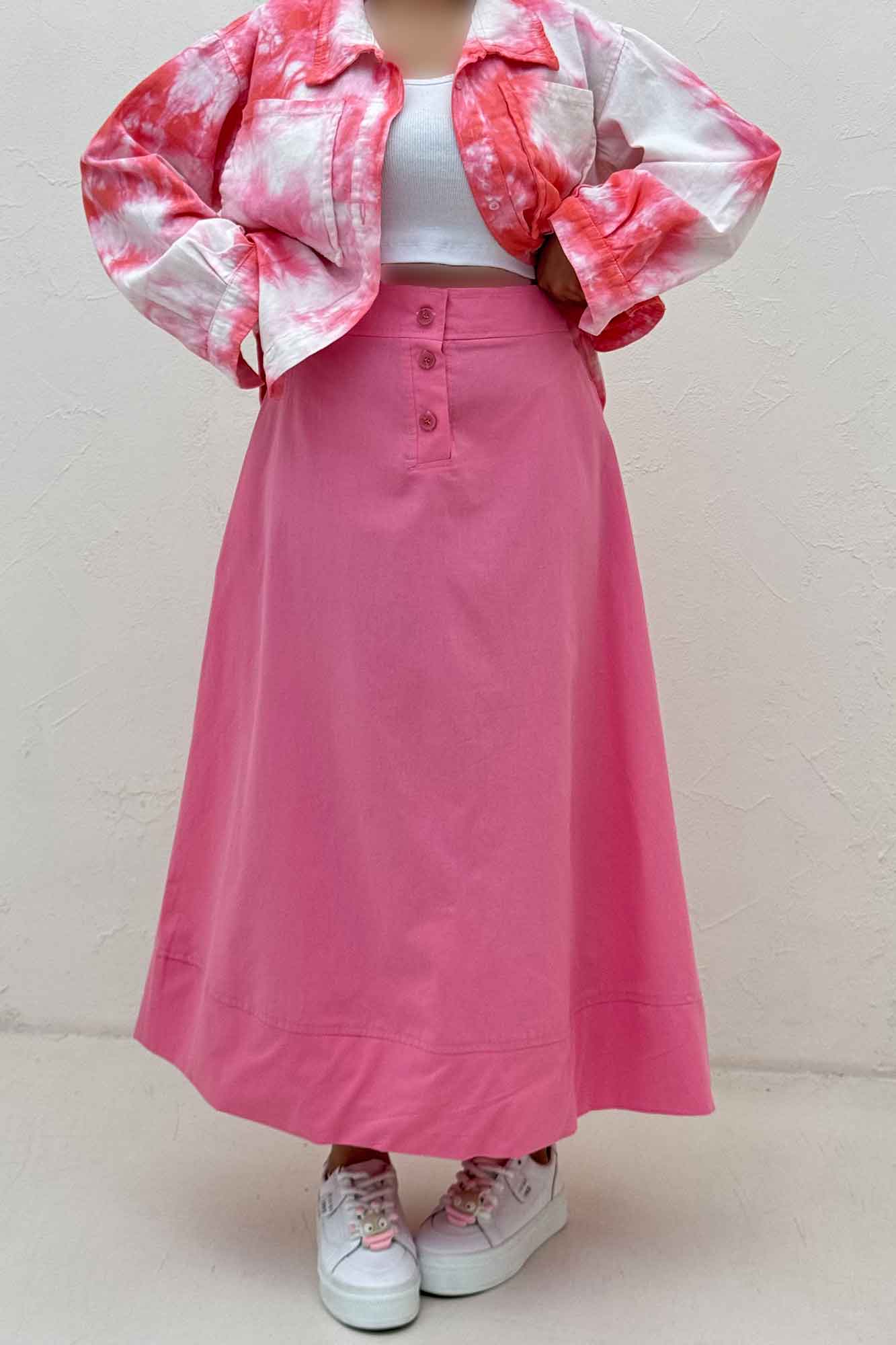 دامن بلند لینن سه دکمه لب دوز