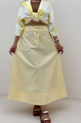 دامن بلند لینن سه دکمه لب دوز