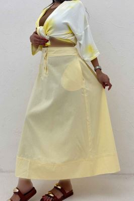 دامن بلند لینن سه دکمه لب دوز