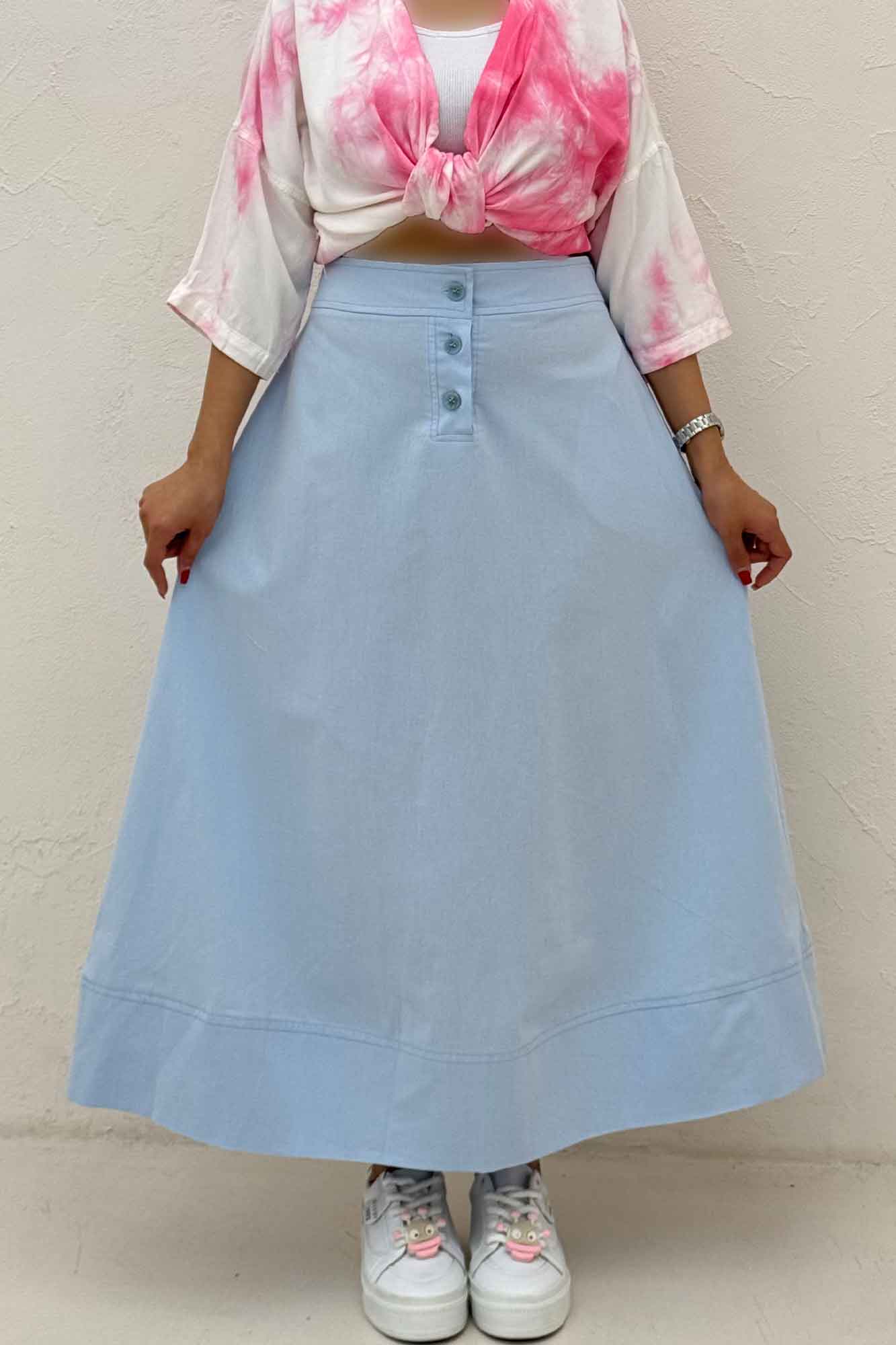 دامن بلند لینن سه دکمه لب دوز