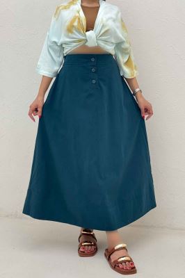 دامن بلند لینن سه دکمه لب دوز