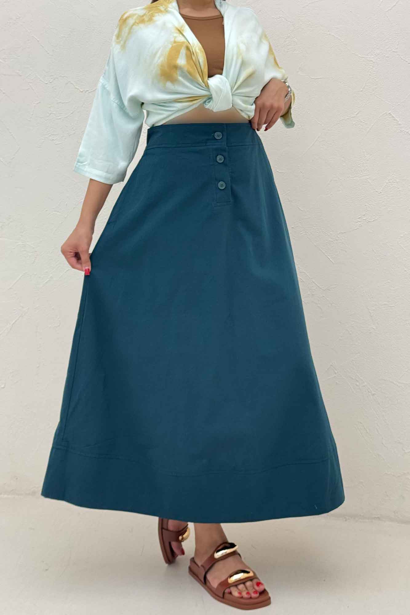 دامن بلند لینن سه دکمه لب دوز