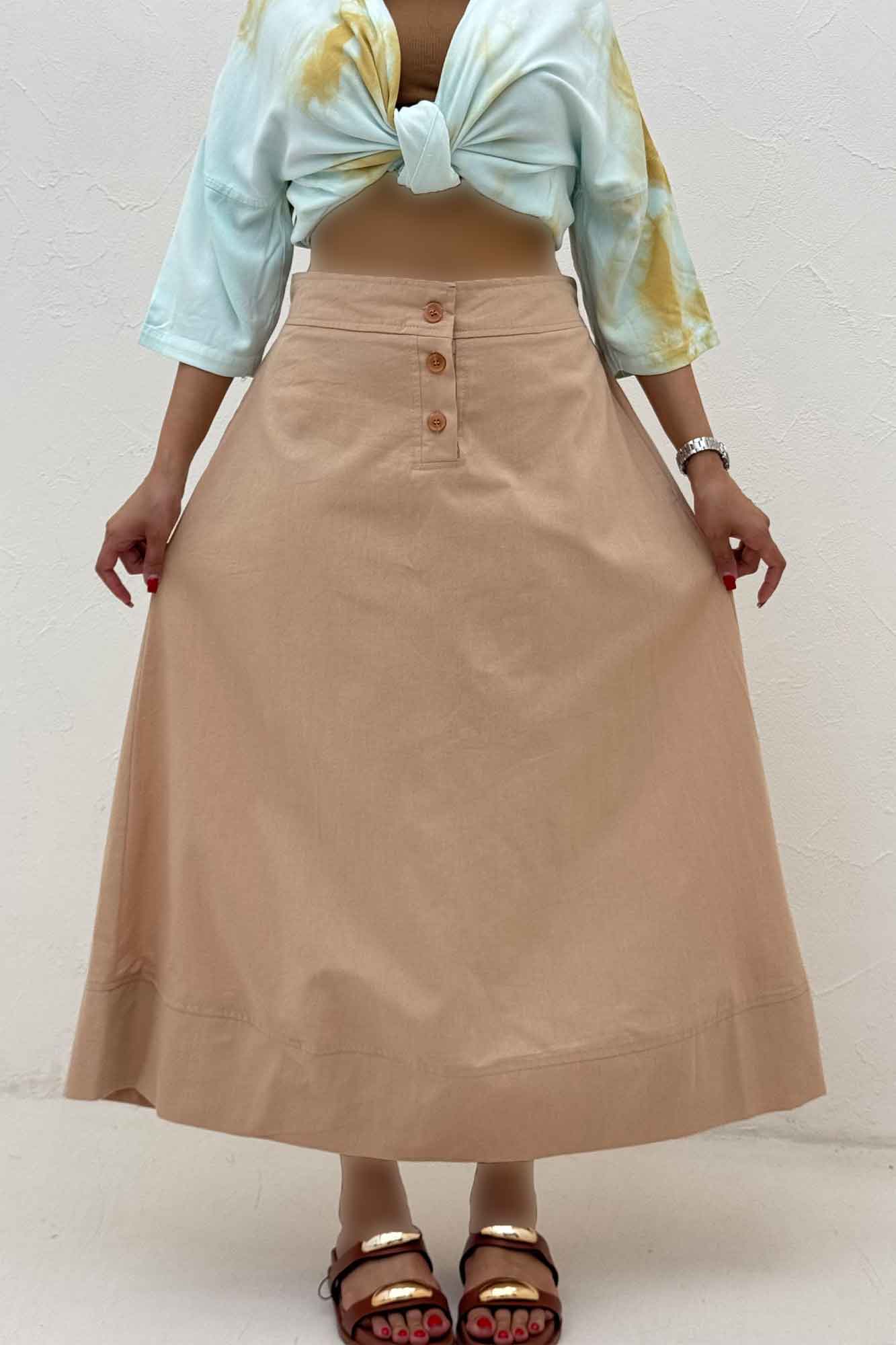 دامن بلند لینن سه دکمه لب دوز