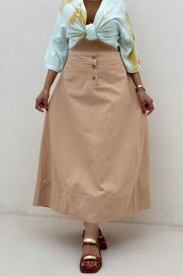 دامن بلند لینن سه دکمه لب دوز