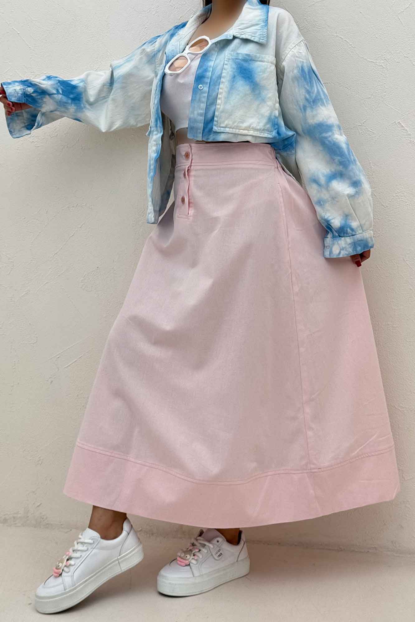 دامن بلند لینن سه دکمه لب دوز