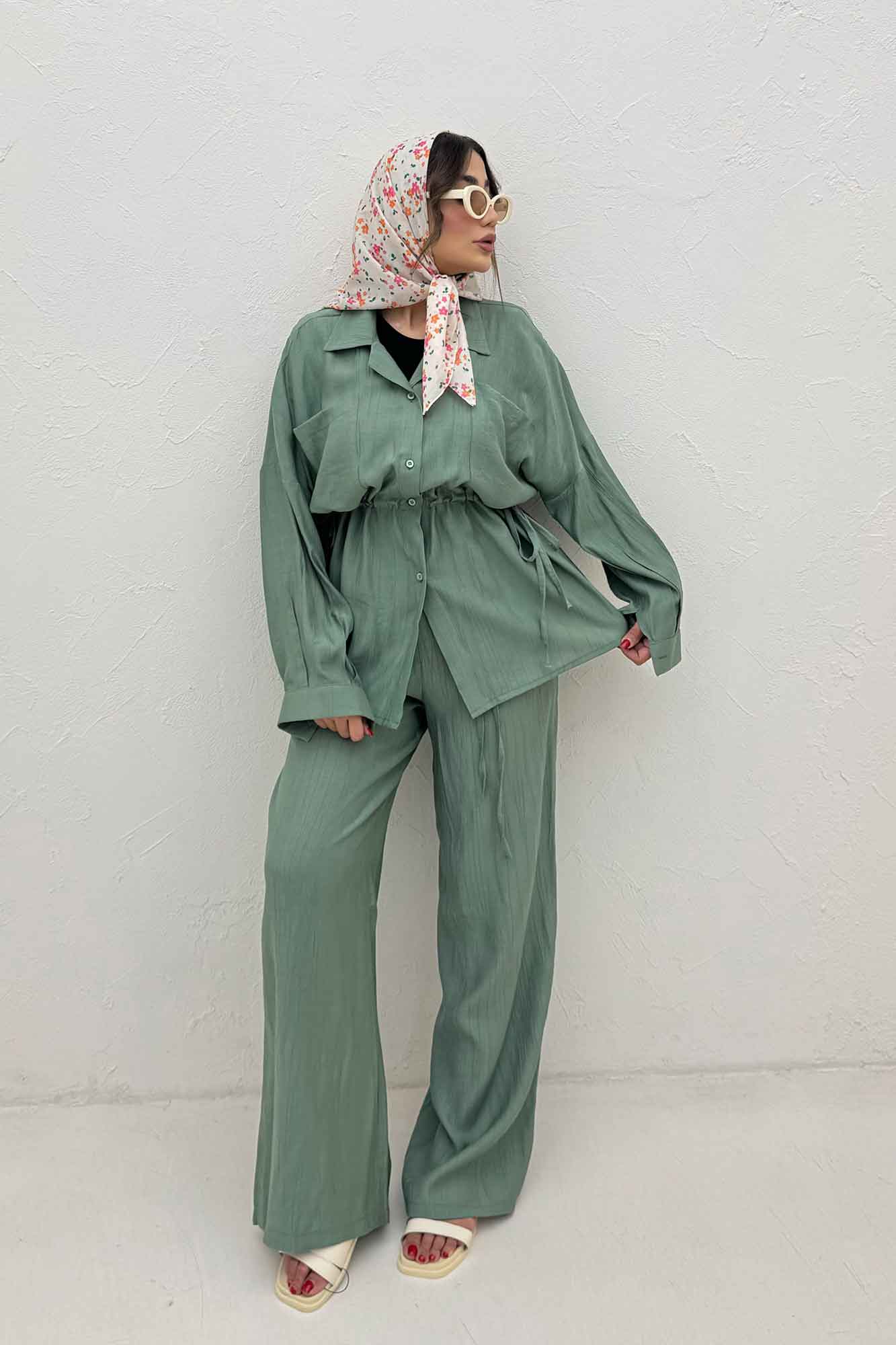 ست مانتو و شلوار کریشه کمرگت دار نوآ