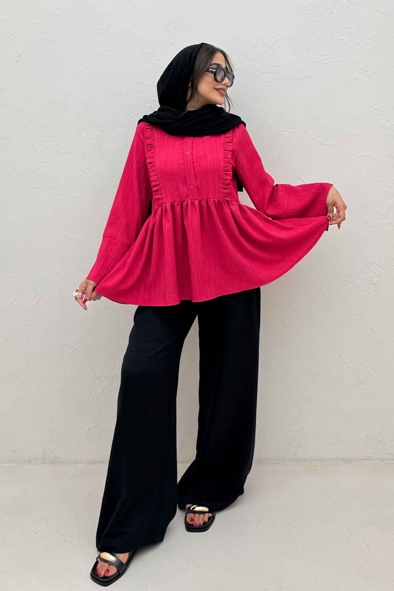 شومیز کریشه سه دکمه چین دار لوپن