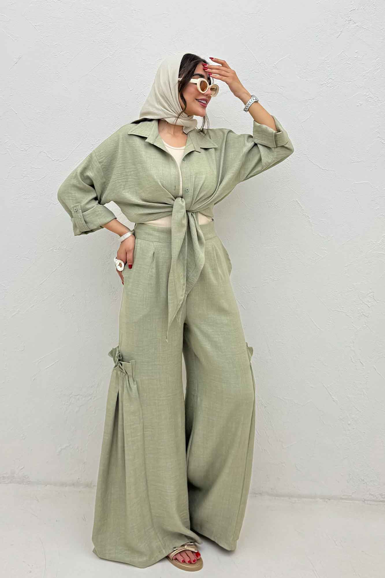 ست شومیز گره ای و شلوار شانتون capry