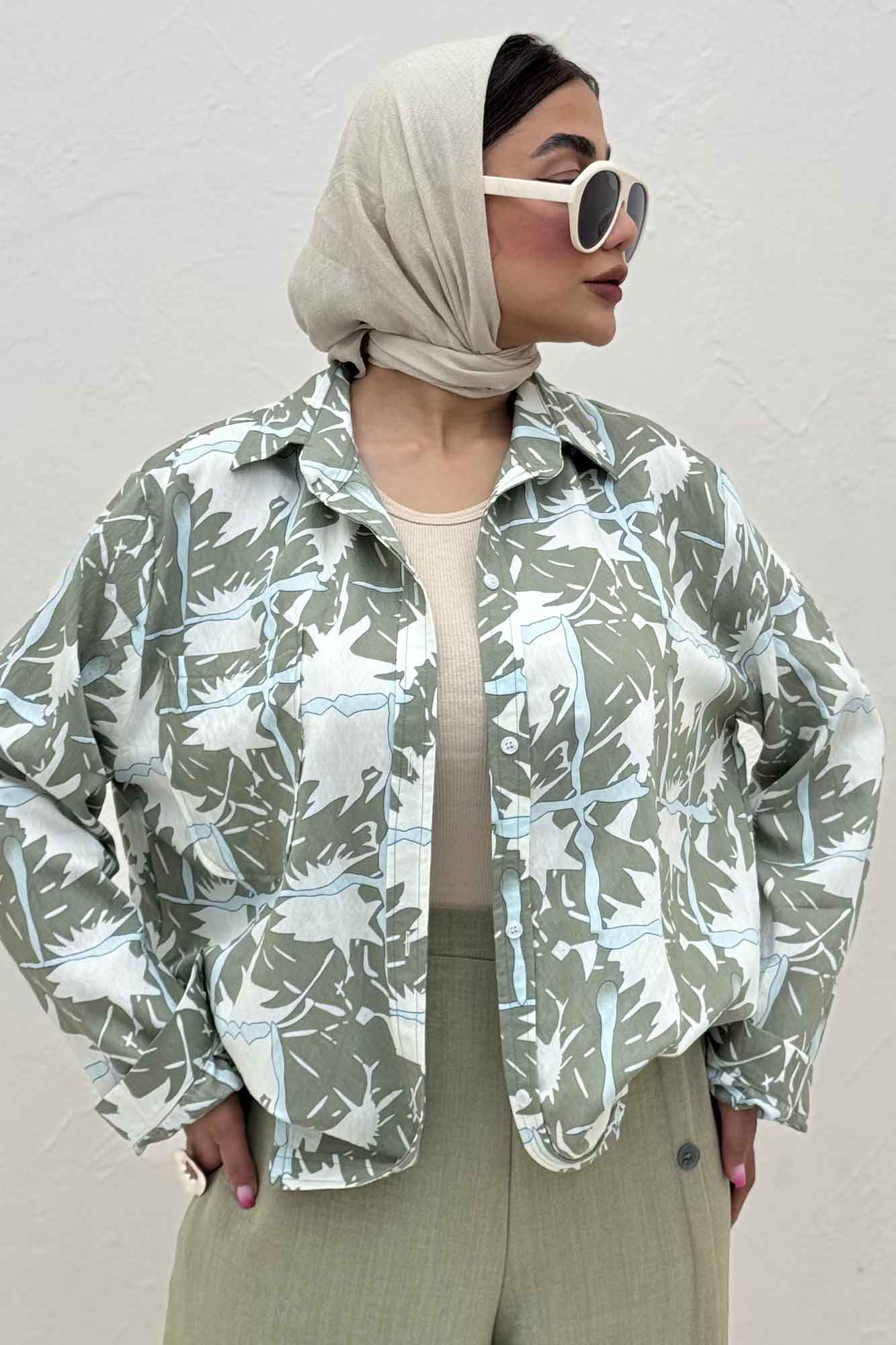 شومیز مانتویی پری طرح دار تک جیب