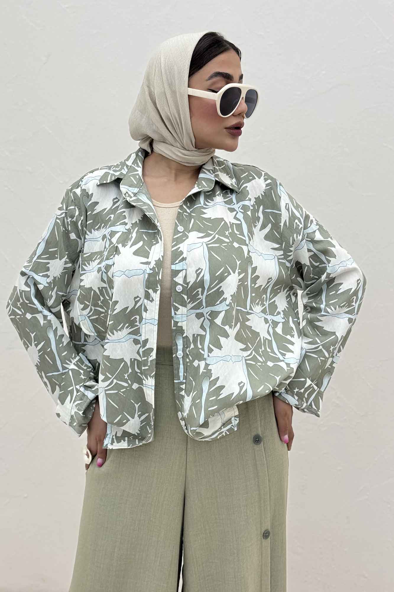 شومیز مانتویی پری طرح دار تک جیب