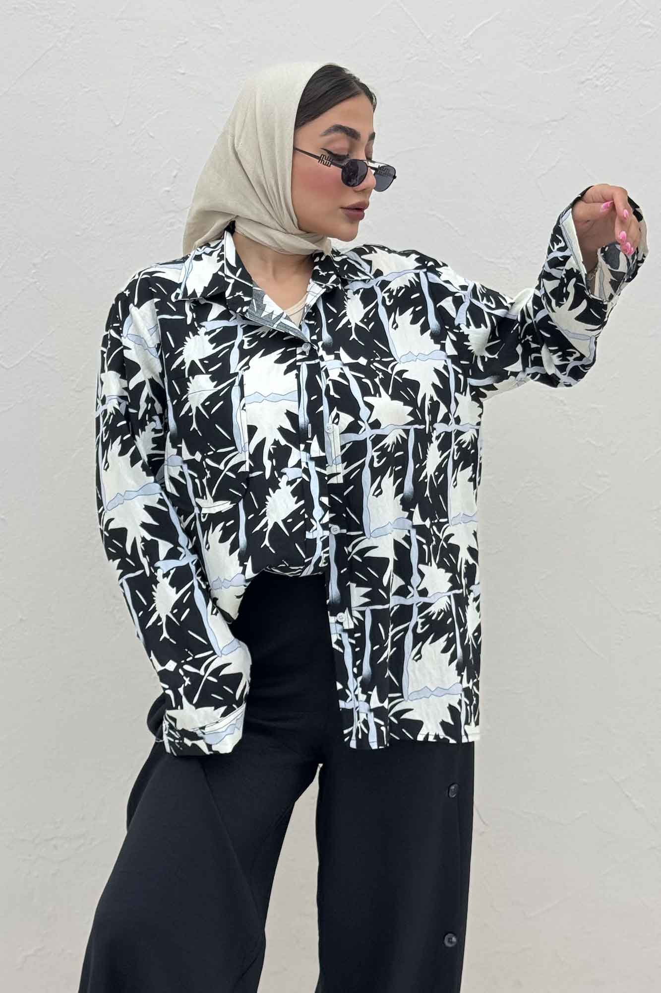 شومیز مانتویی پری طرح دار تک جیب