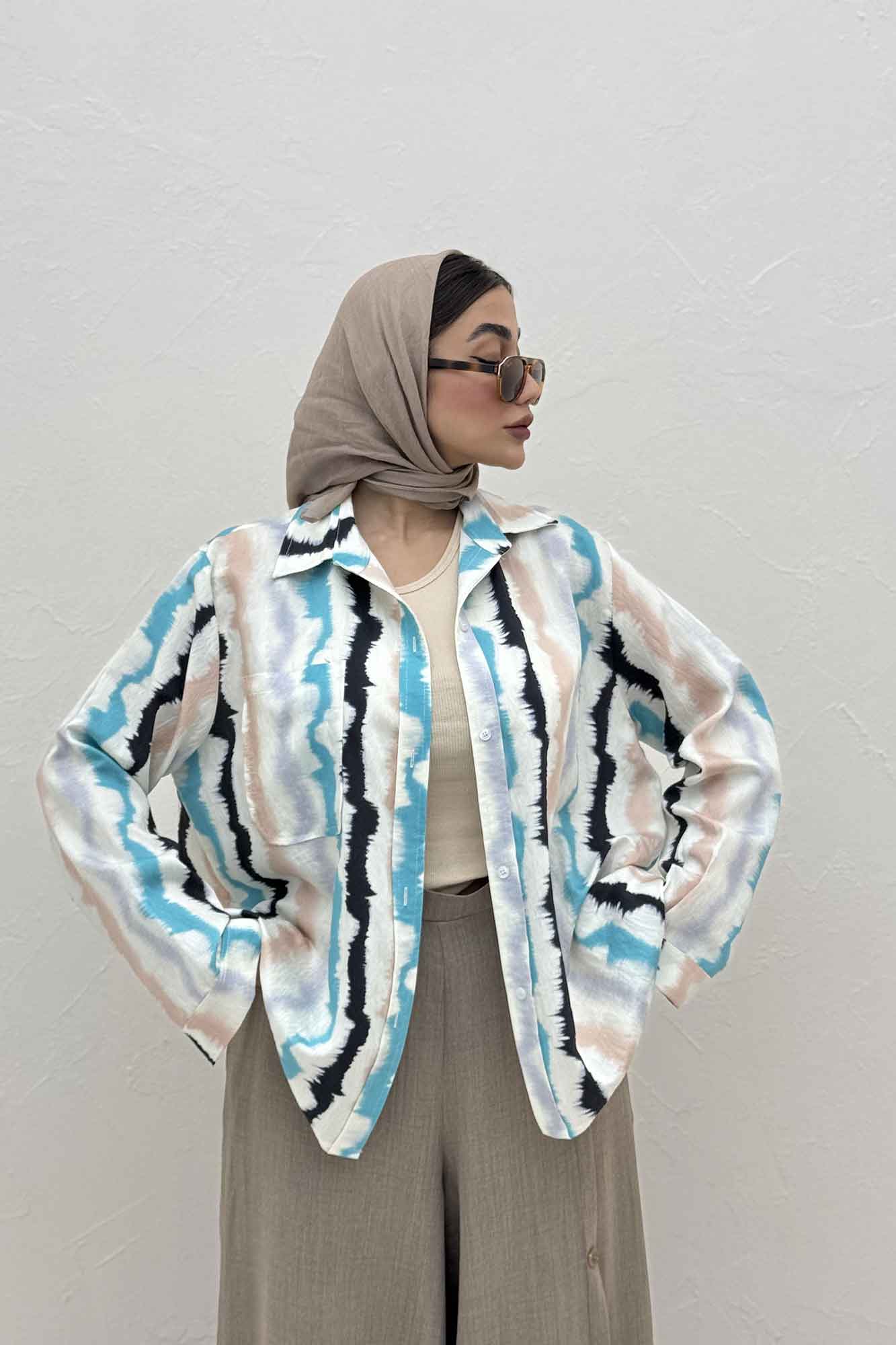 شومیز مانتویی پری طرح دار تک جیب