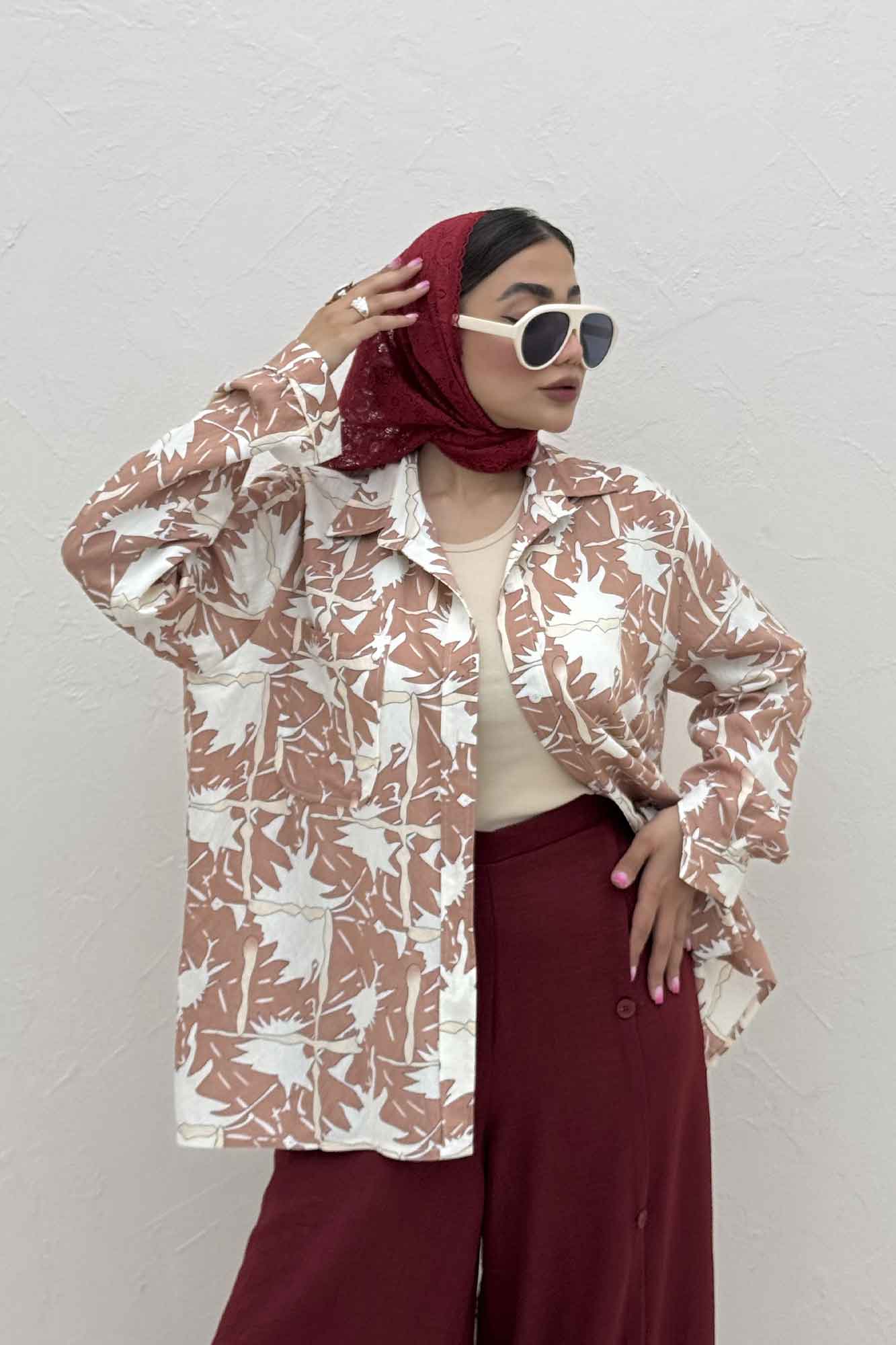 شومیز مانتویی پری طرح دار تک جیب