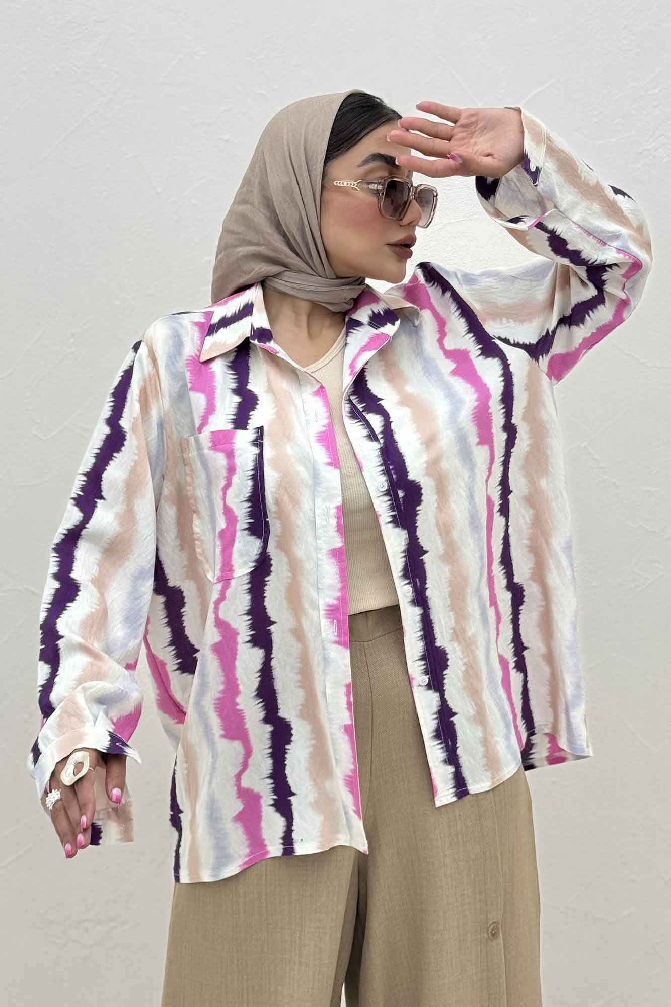 شومیز مانتویی پری طرح دار تک جیب