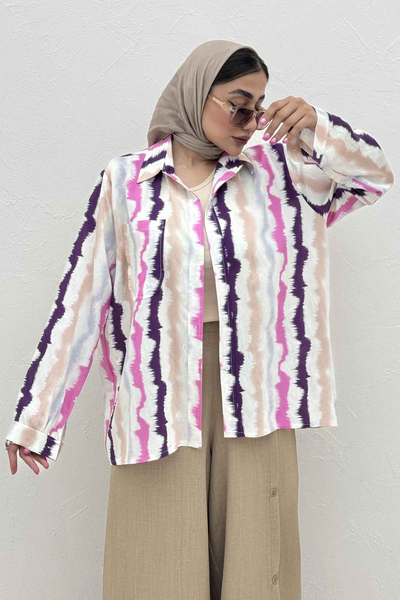 شومیز مانتویی پری طرح دار تک جیب