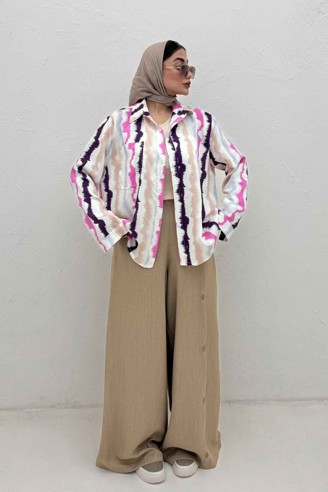 شومیز مانتویی پری طرح دار تک جیب