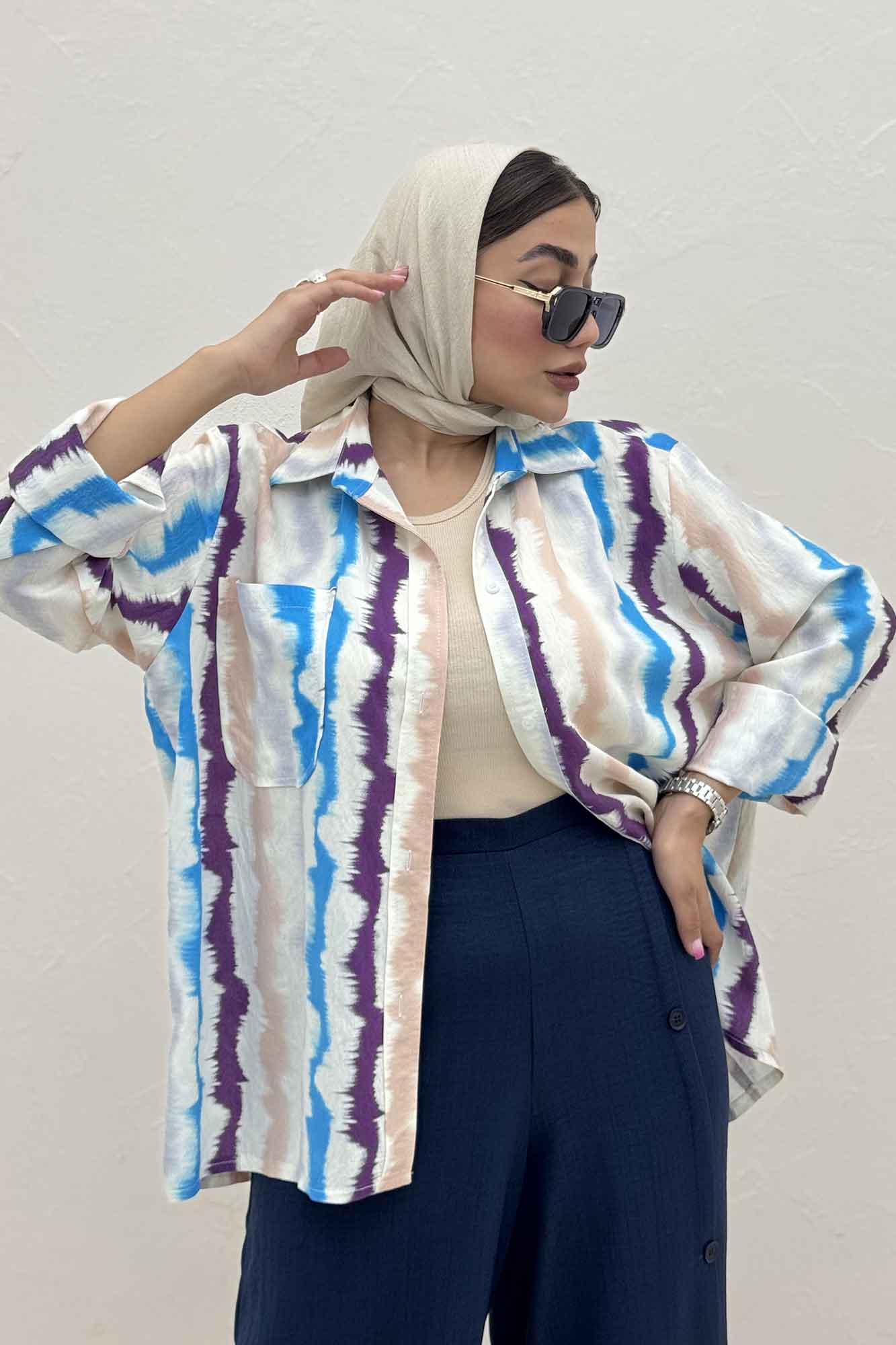 شومیز مانتویی پری طرح دار تک جیب