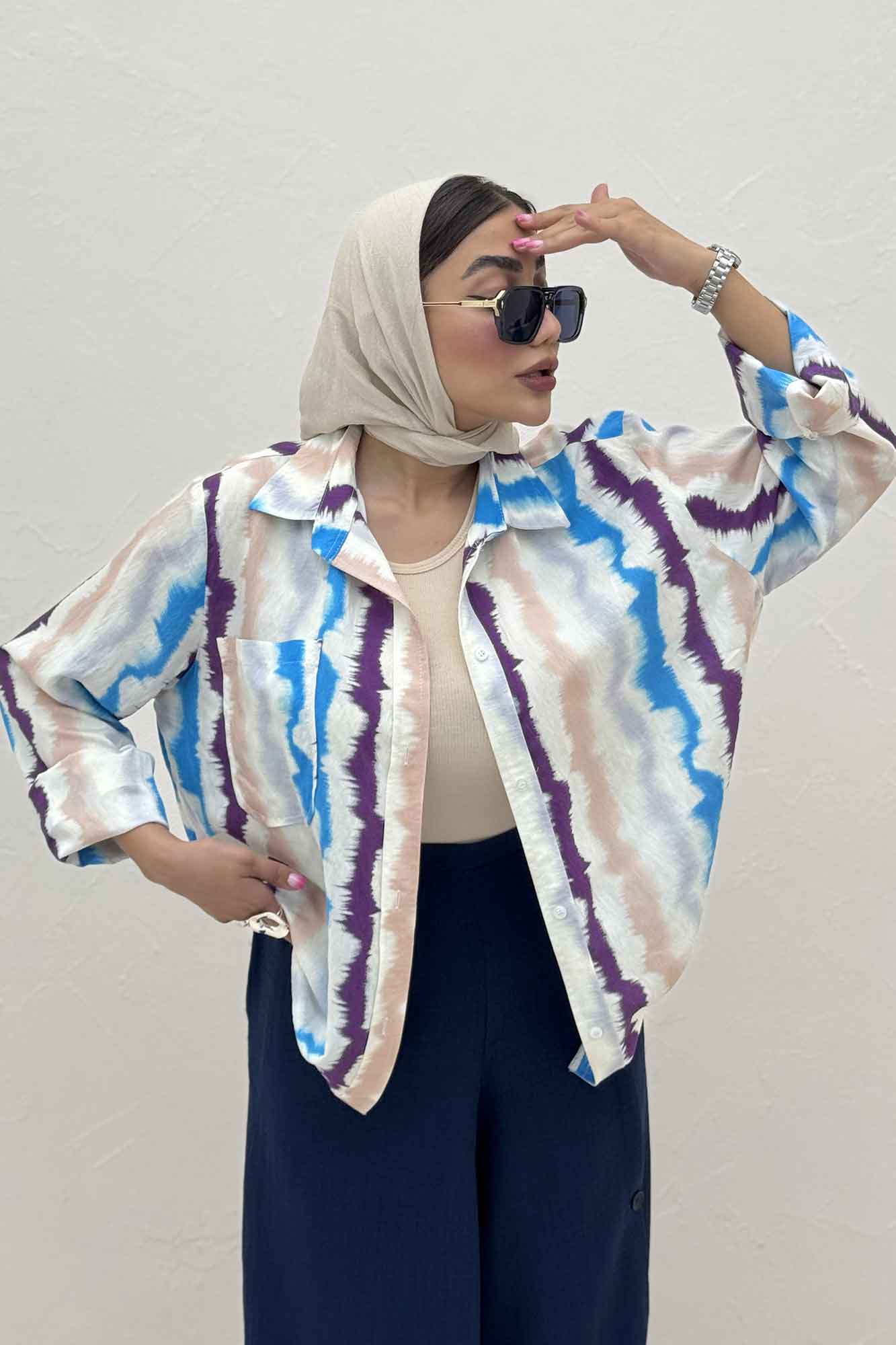 شومیز مانتویی پری طرح دار تک جیب