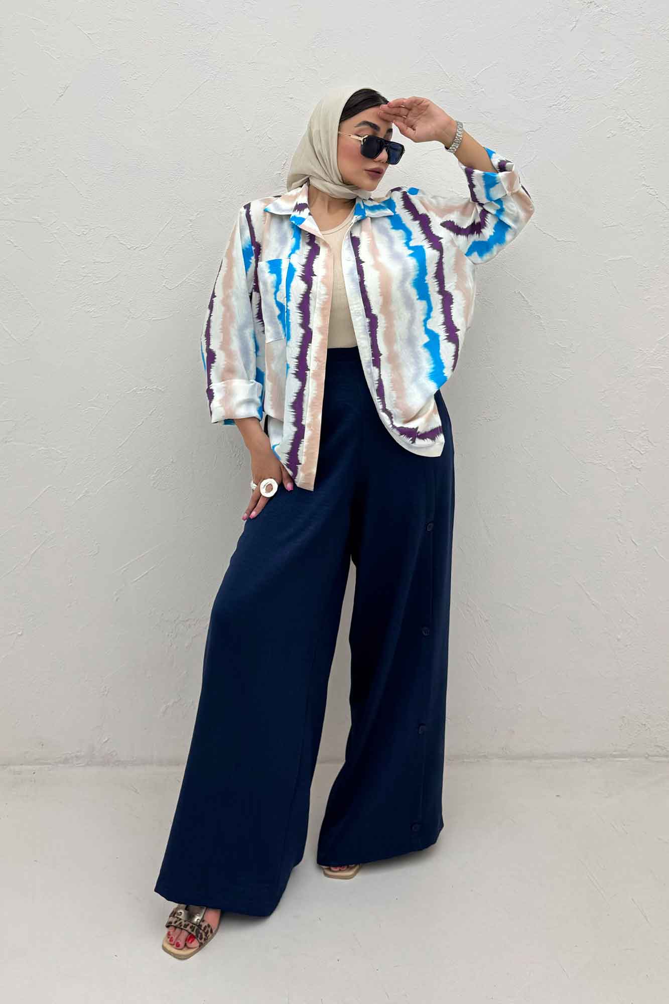 شومیز مانتویی پری طرح دار تک جیب