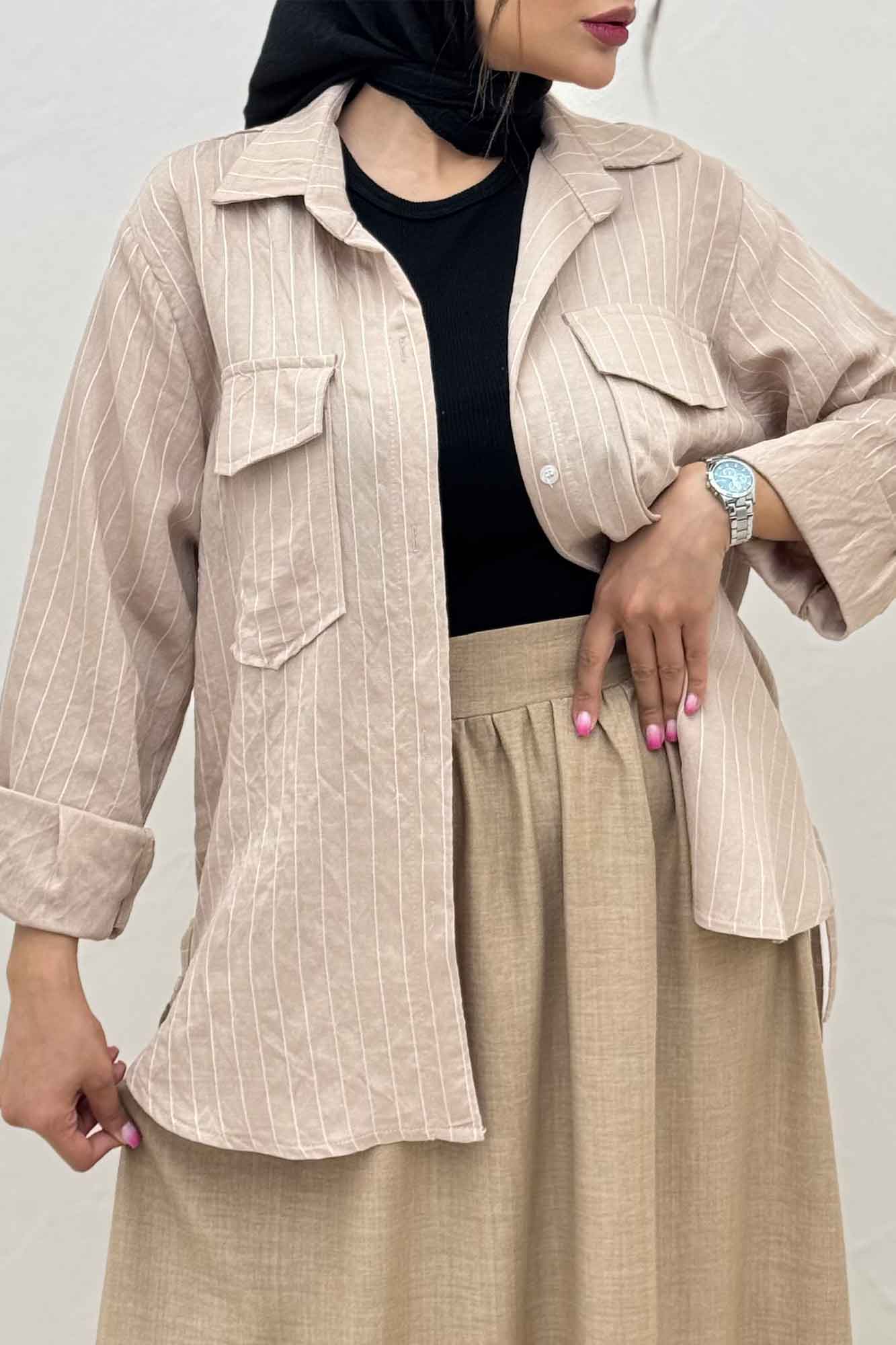 مانتو دو جیب parry راه راه بغل بند