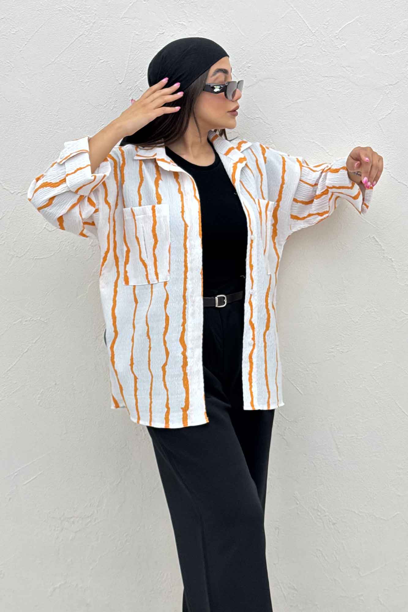 شومیز مانتویی پفکی راه راه پاگن دار