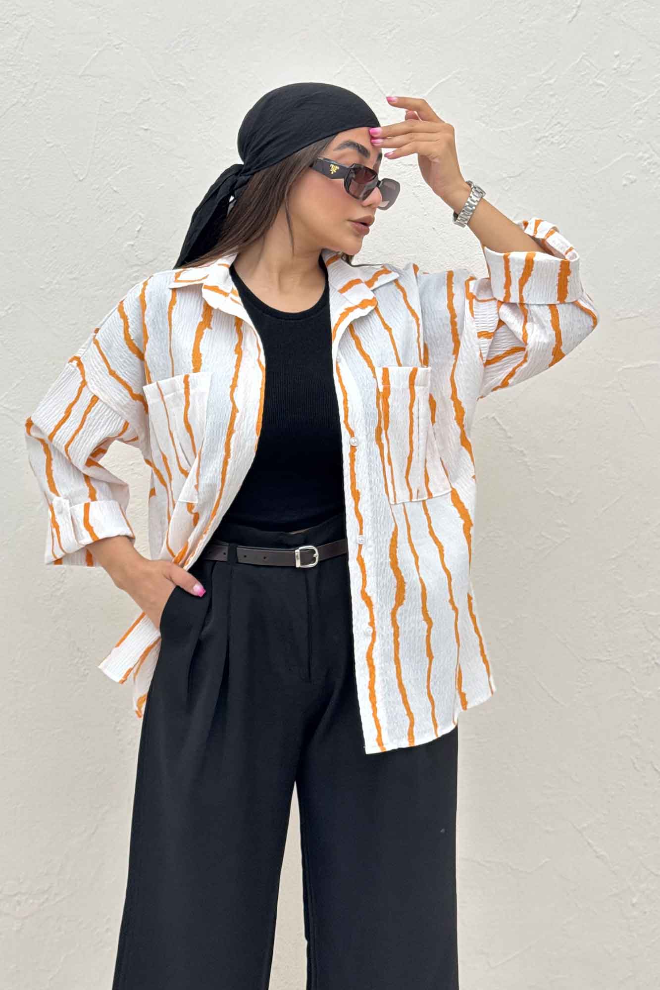 شومیز مانتویی پفکی راه راه پاگن دار