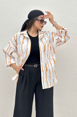 شومیز مانتویی پفکی راه راه پاگن دار