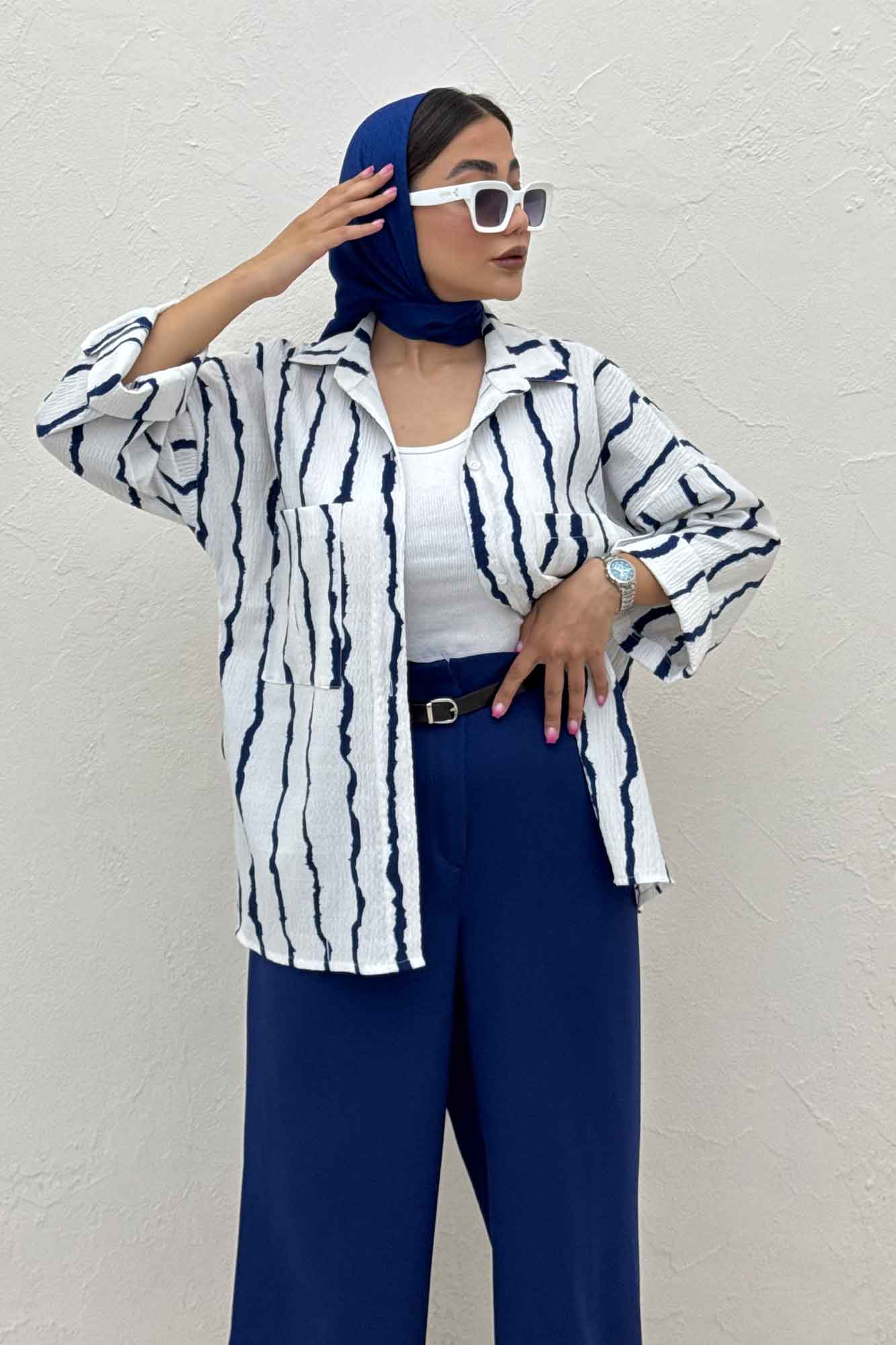 شومیز مانتویی پفکی راه راه پاگن دار