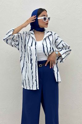 شومیز مانتویی پفکی راه راه پاگن دار