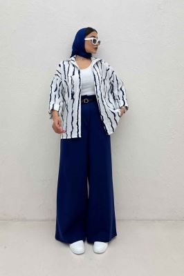 شومیز مانتویی پفکی راه راه پاگن دار