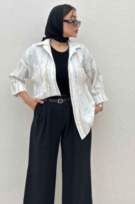 شومیز مانتویی پفکی راه راه پاگن دار