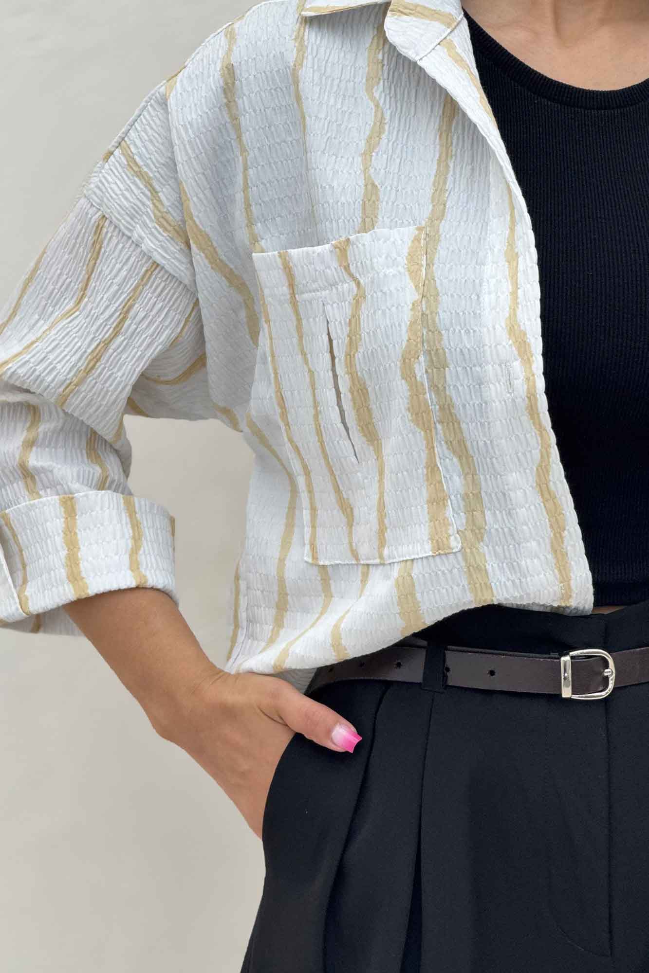 شومیز مانتویی پفکی راه راه پاگن دار