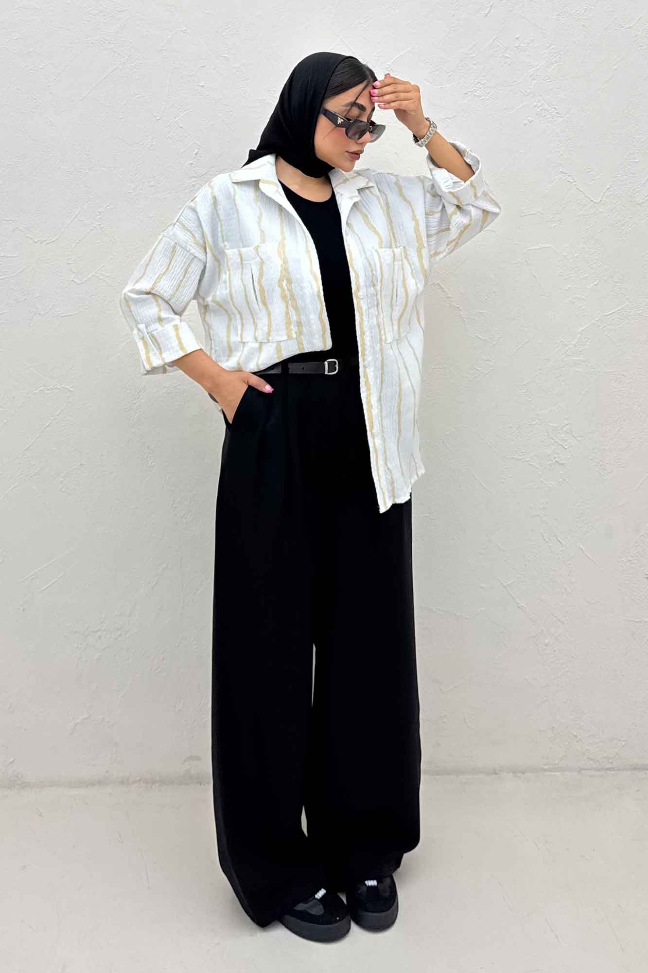 شومیز مانتویی پفکی راه راه پاگن دار