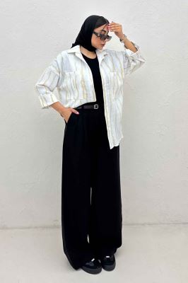 شومیز مانتویی پفکی راه راه پاگن دار