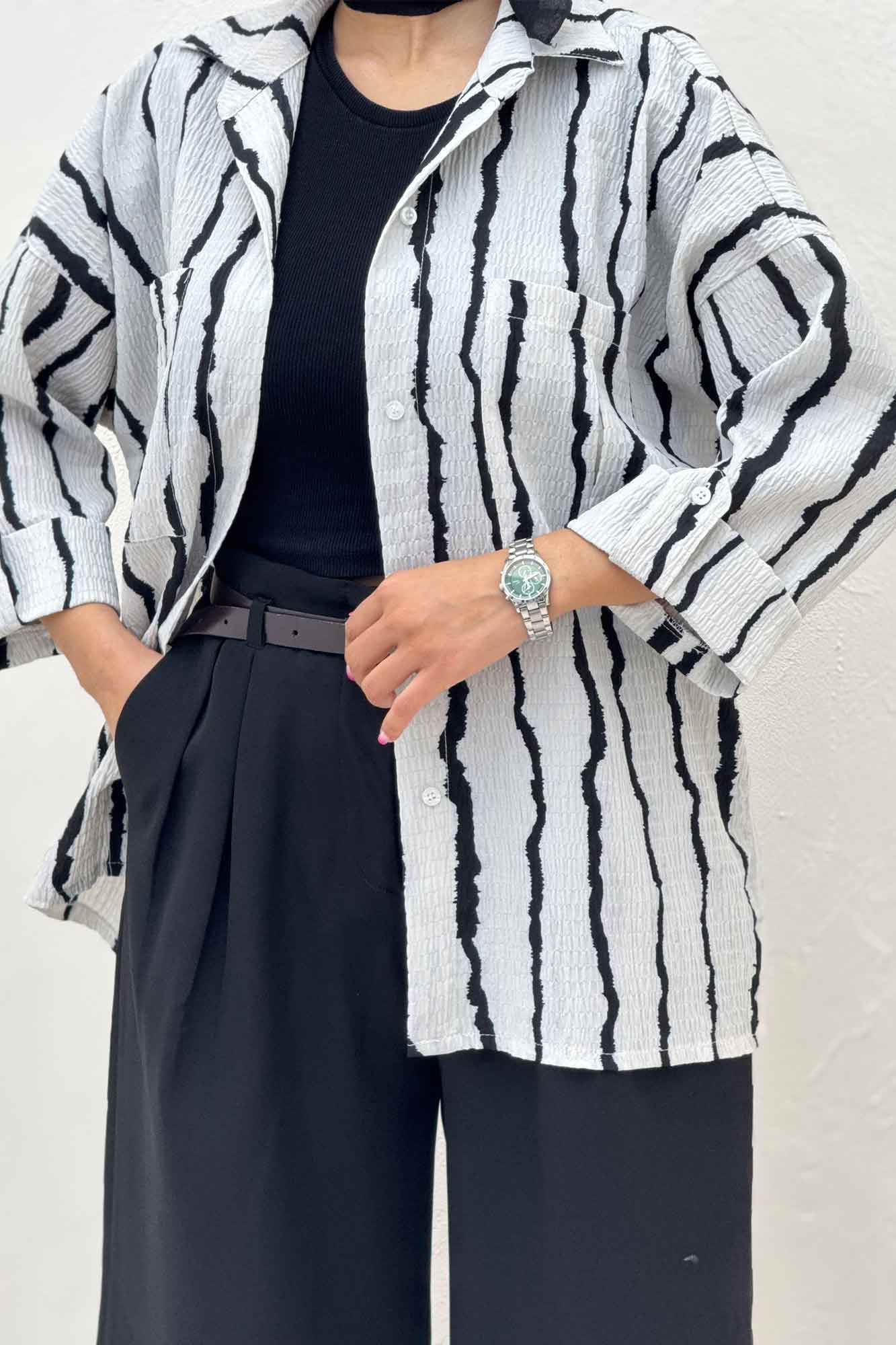 شومیز مانتویی پفکی راه راه پاگن دار