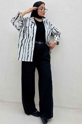 شومیز مانتویی پفکی راه راه پاگن دار