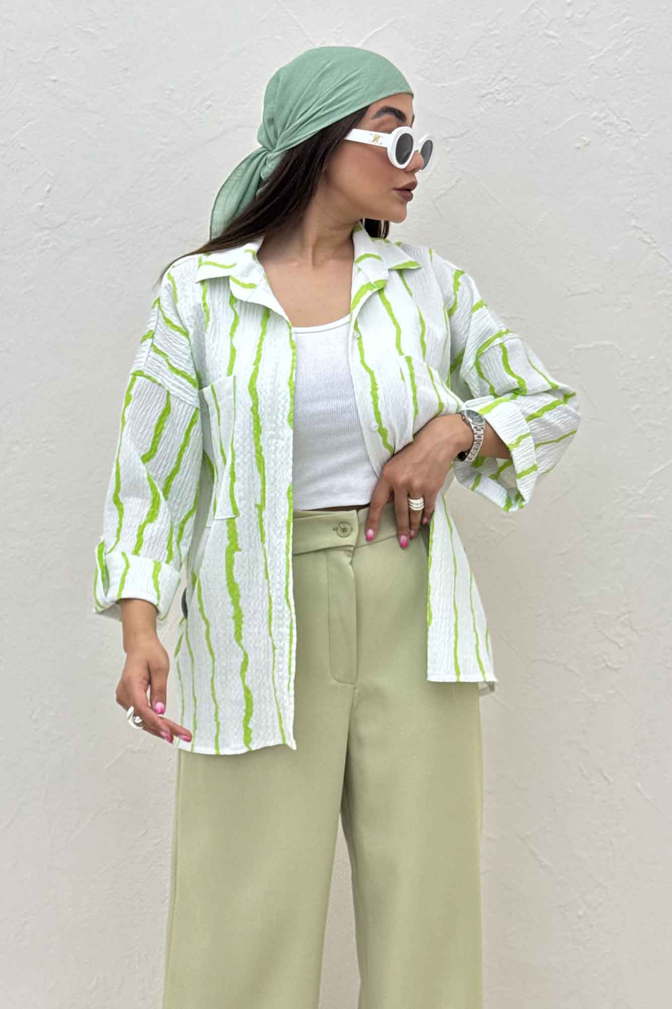 شومیز مانتویی پفکی راه راه پاگن دار