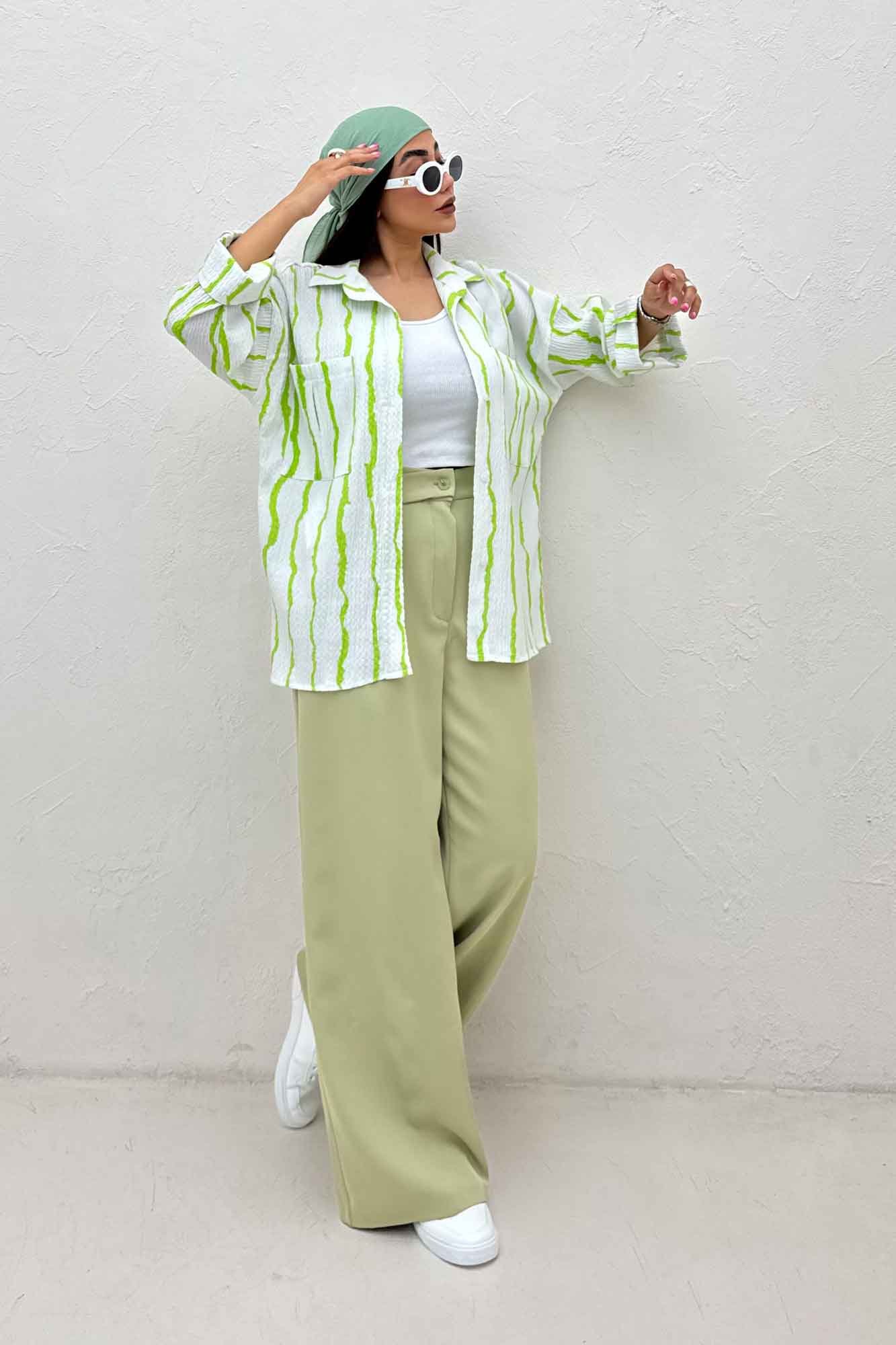 شومیز مانتویی پفکی راه راه پاگن دار