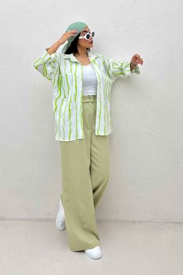 شومیز مانتویی پفکی راه راه پاگن دار