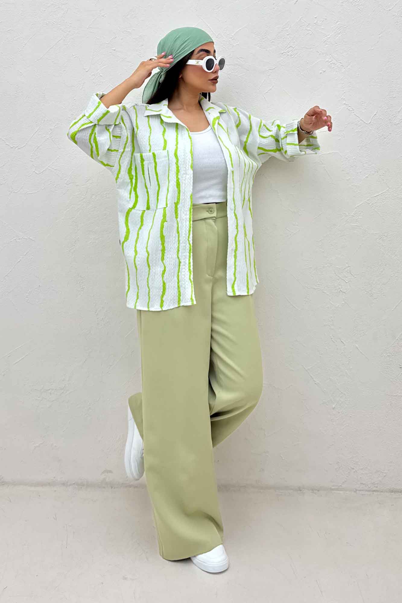 شومیز مانتویی پفکی راه راه پاگن دار