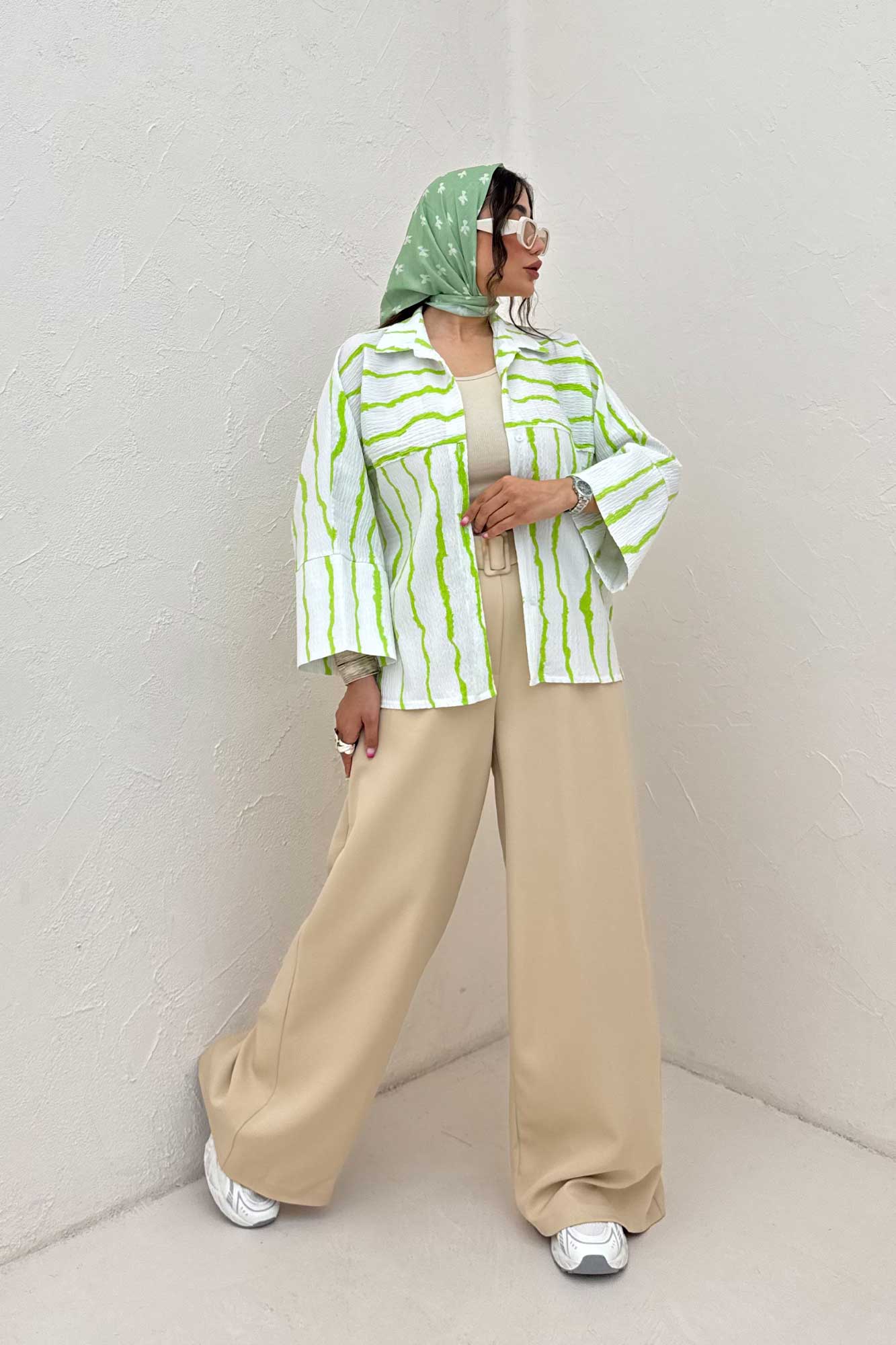 شومیز مانتویی پفکی راه راه مچ پهن