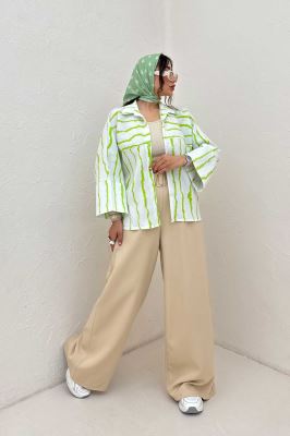 شومیز مانتویی پفکی راه راه مچ پهن