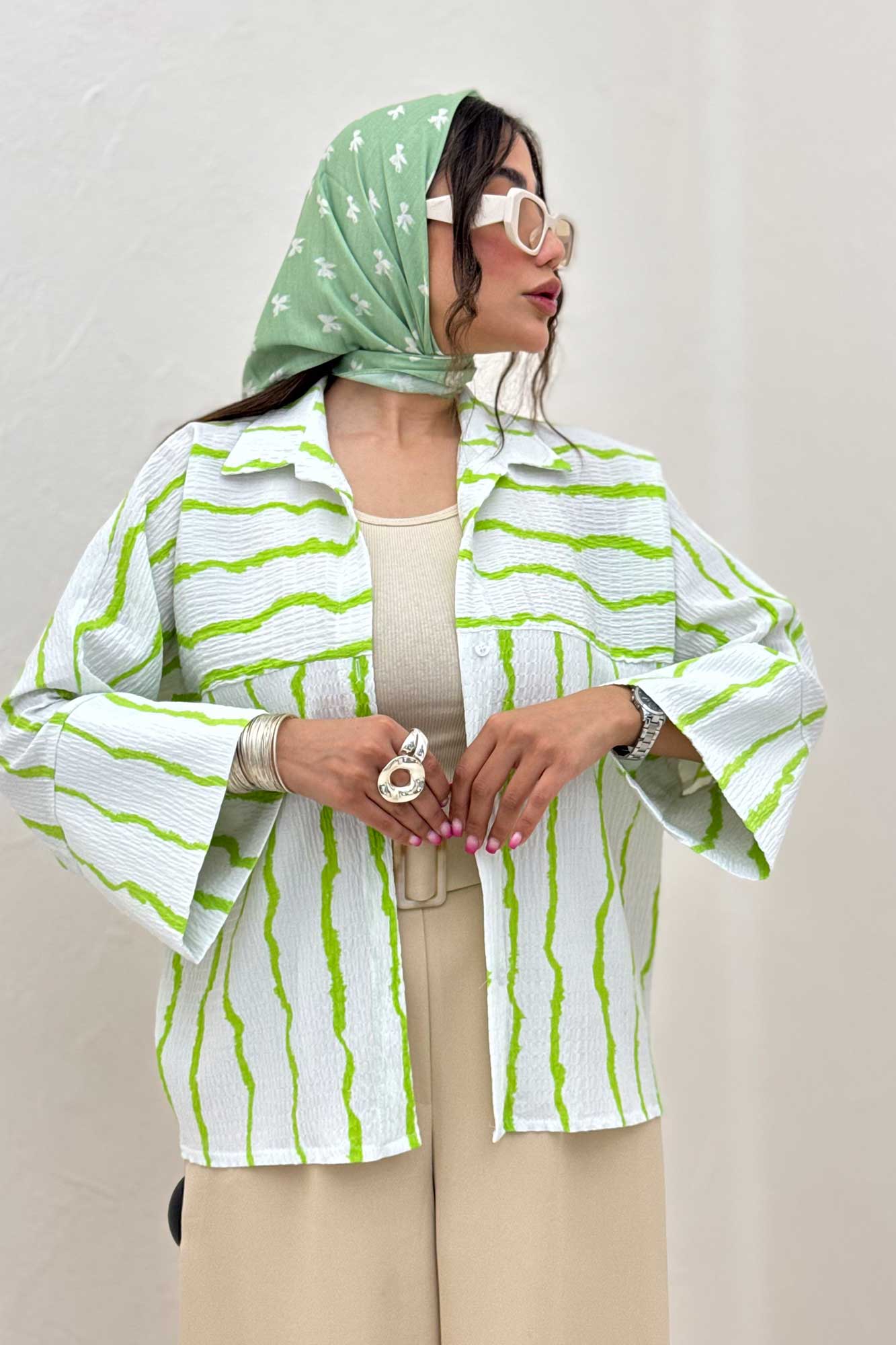 شومیز مانتویی پفکی راه راه مچ پهن