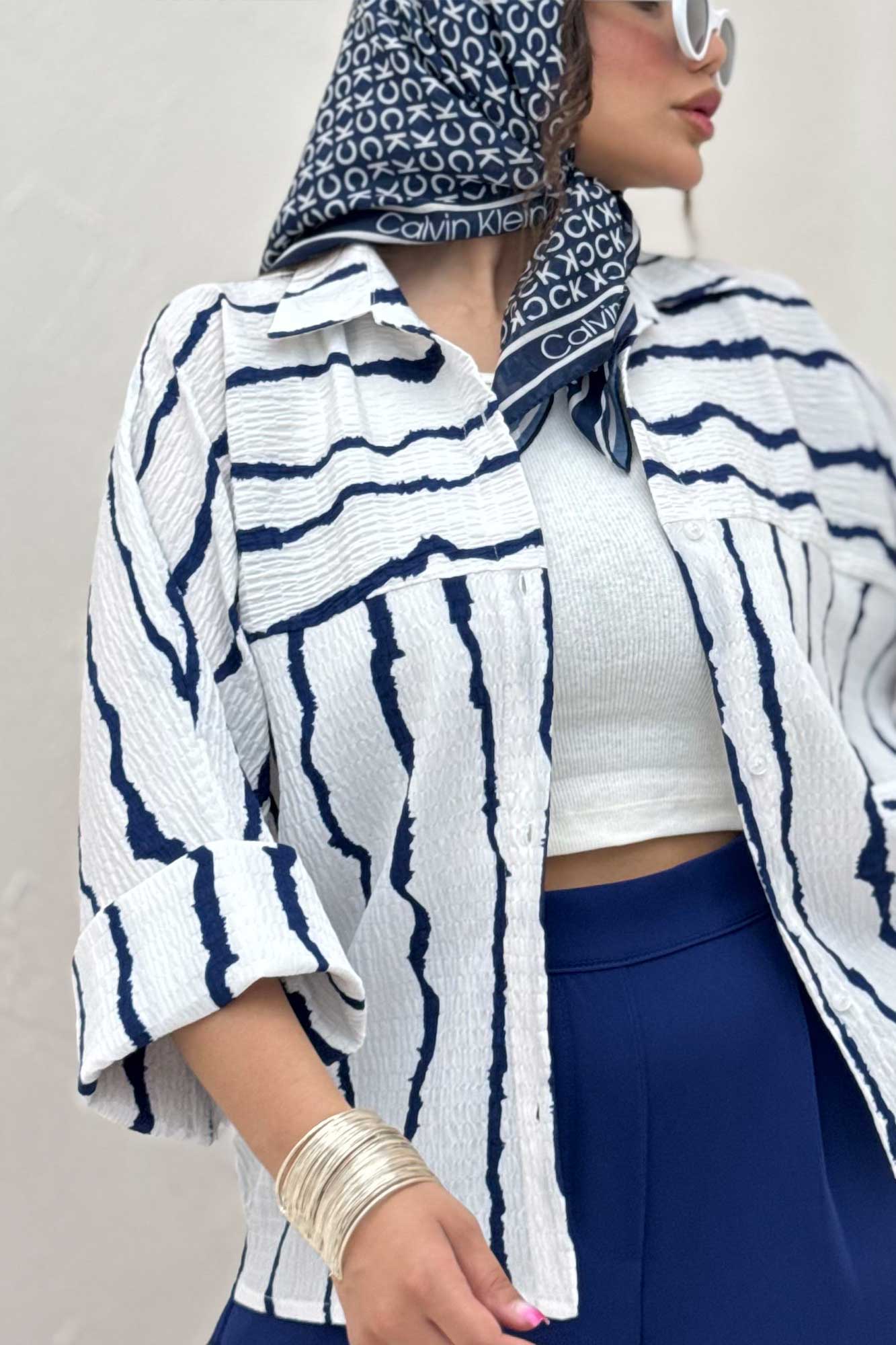 شومیز مانتویی پفکی راه راه مچ پهن