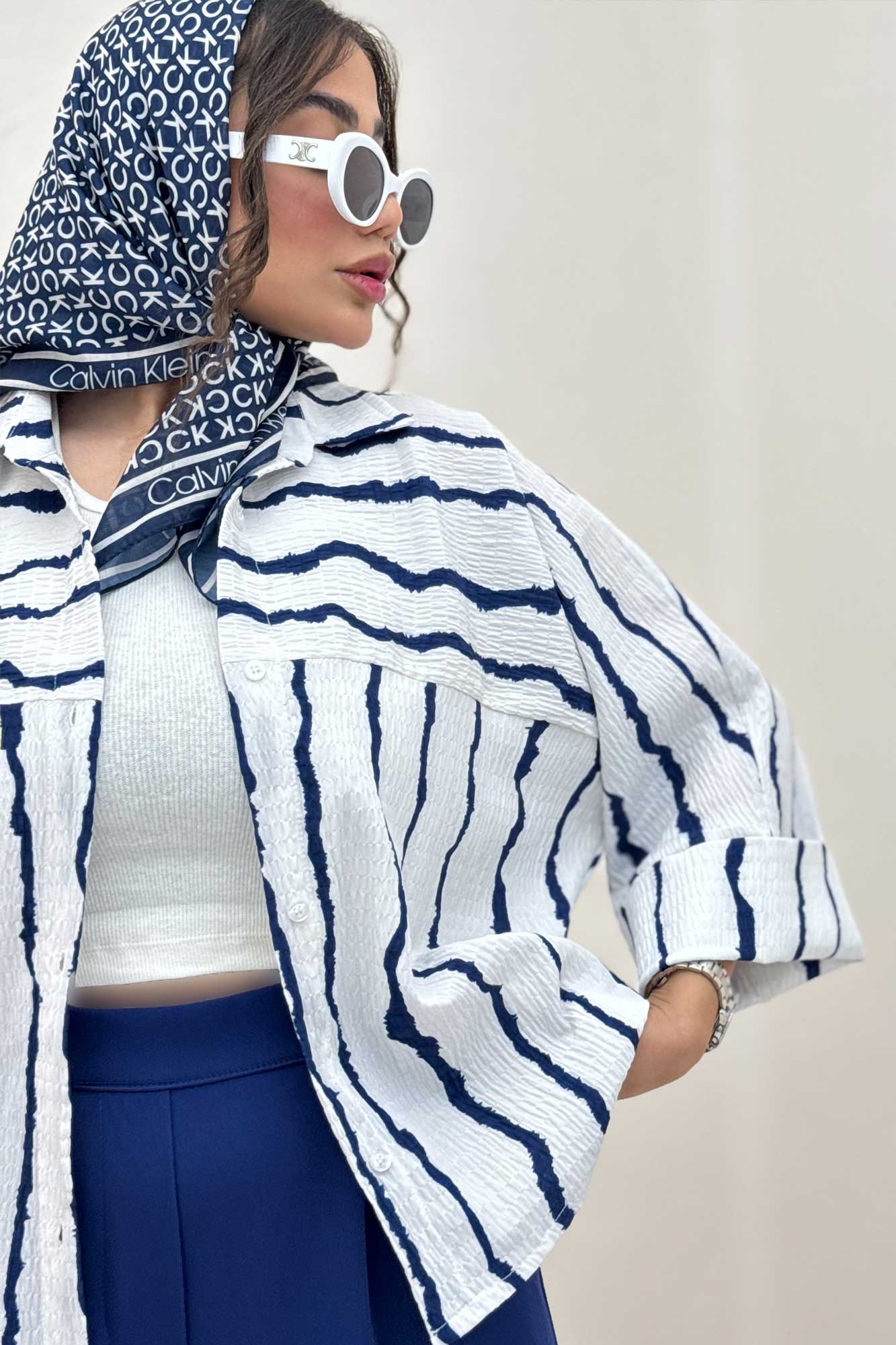 شومیز مانتویی پفکی راه راه مچ پهن