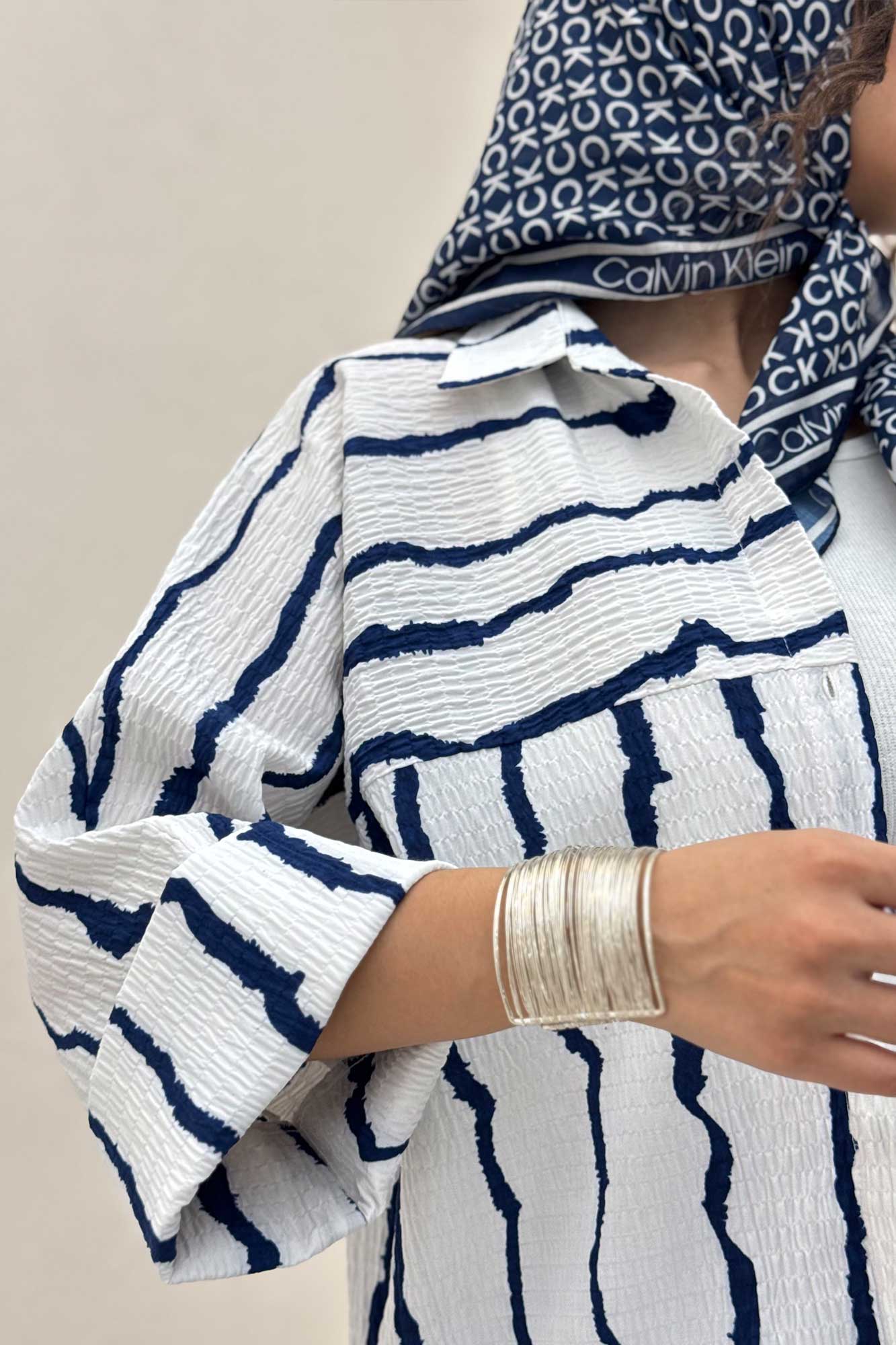 شومیز مانتویی پفکی راه راه مچ پهن